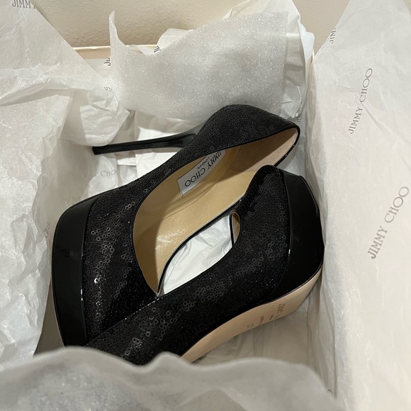 Jimmy Choo COSMIC Black Sequin Patent Leather Platform - Picture 7 of 13